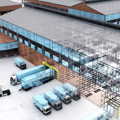 aerial view of a distribution center with trucks in front of it